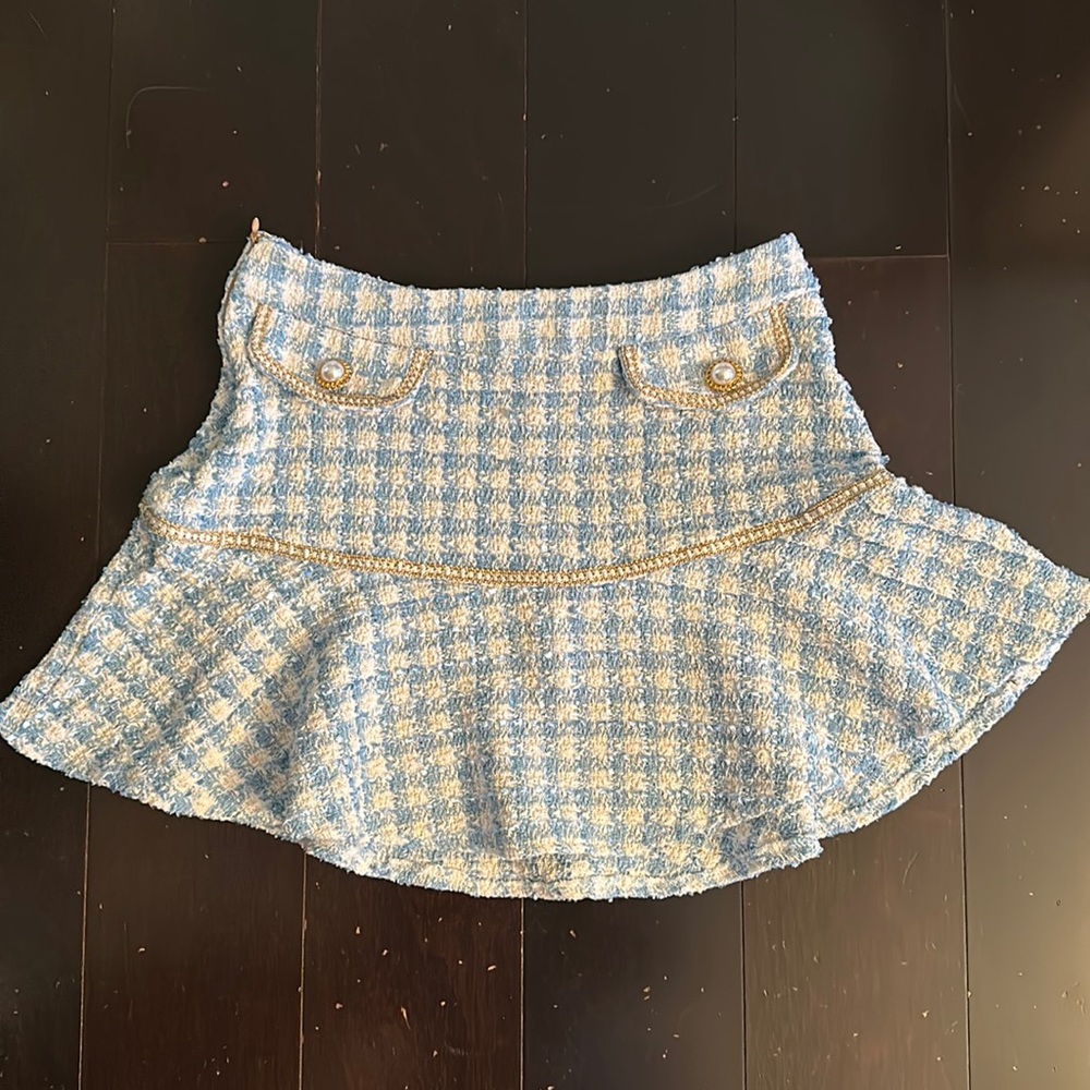 Shein Blue and White Houndstooth Tweed Fit and Flare Skirt-S